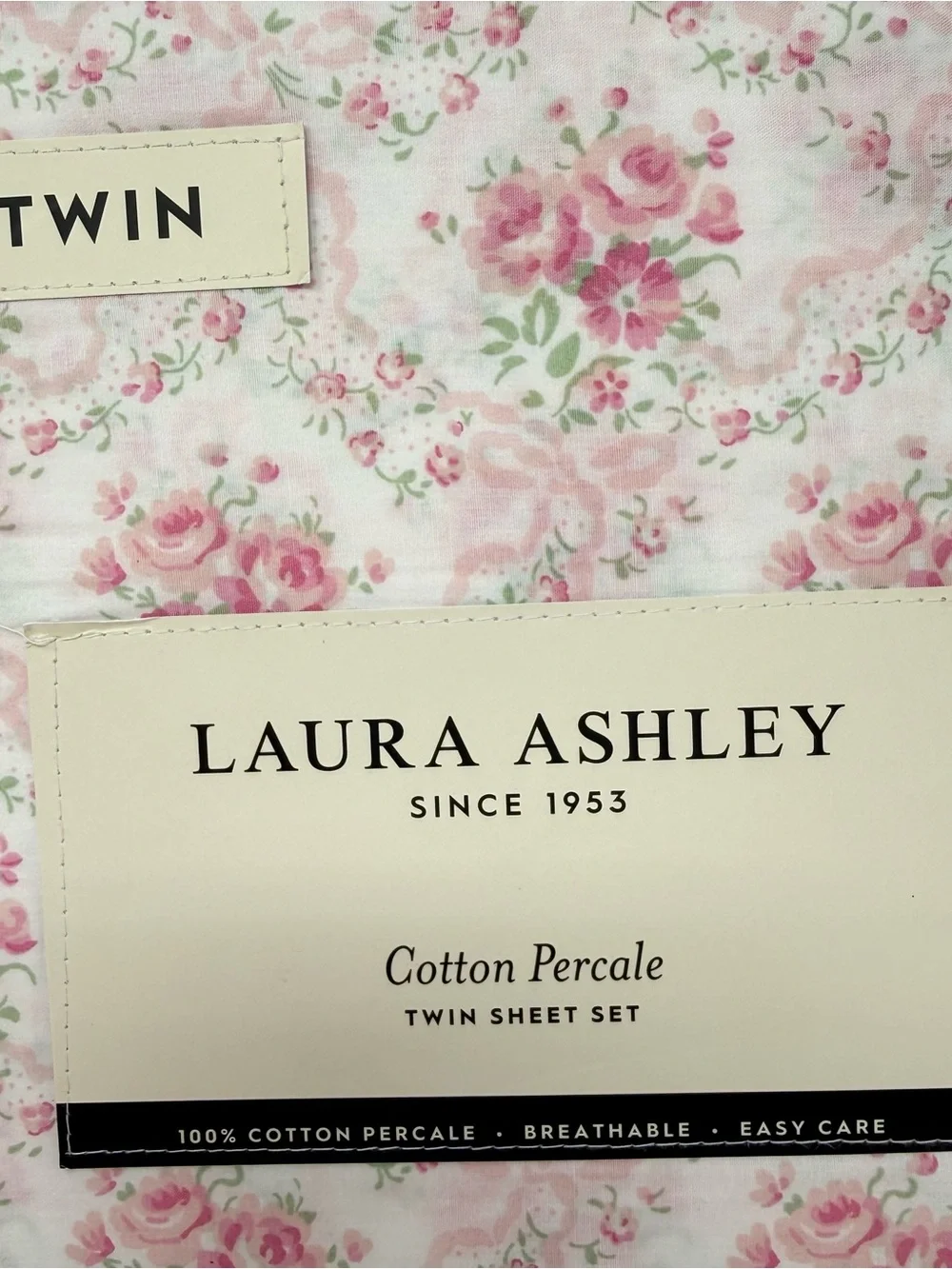 Laura Ashley Floral Ribbon and Bows Cotton Percale Sheet Twin Set NWT - Picture 6 of 6
